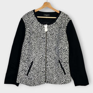 New TALBOTS Zip Front Fully Lined Herringbone Black White Sweater Jacket Sz 24W